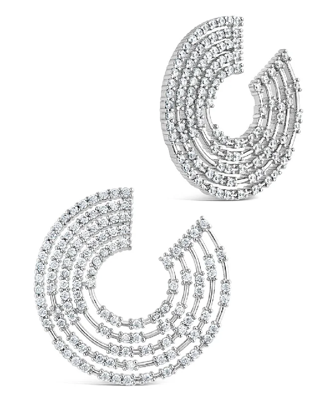 Stud Earrings with Crystals -5 Row CZ Swirl Statement Stud Earrings