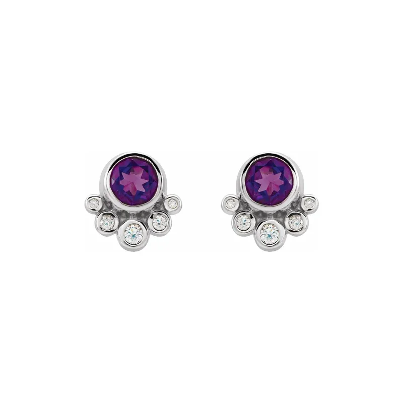 Stud Earrings for Work Attire -Amethyst & Diamond Bezel Stud Earrings