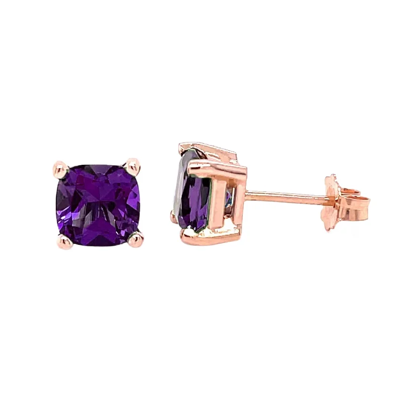 Stud Earrings with Abstract Designs -Cushion Cut Amethyst Stud Earrings | 14K Gold February Birthstone Earrings