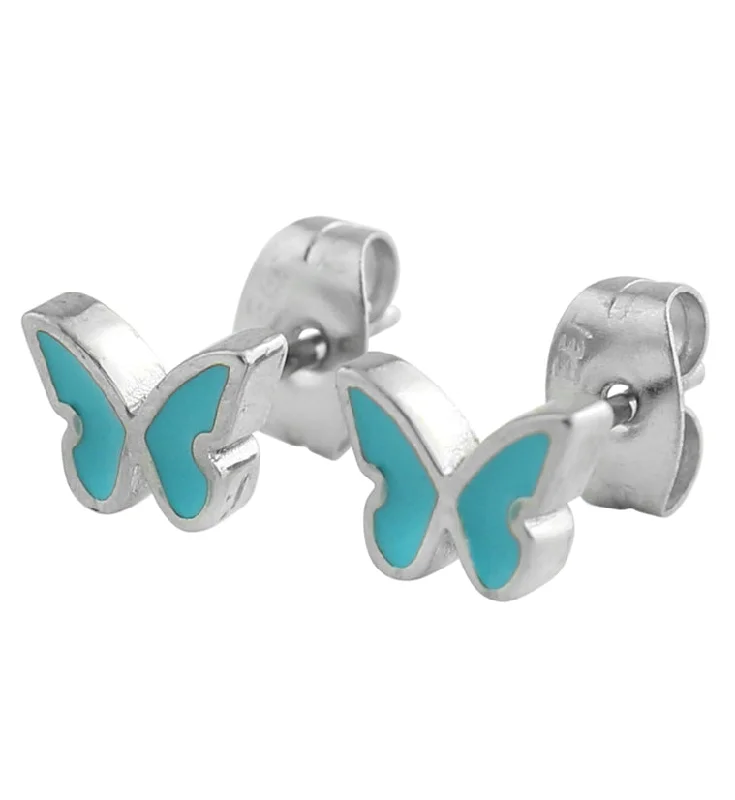 Floral Stud Earrings with Petals -Aqua Butterfly Stainless Steel Stud Earrings