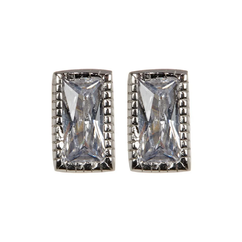 Stud Earrings with Polished Shine -Rhodium Plated Baguette Rectangle Cut Stud Earrings