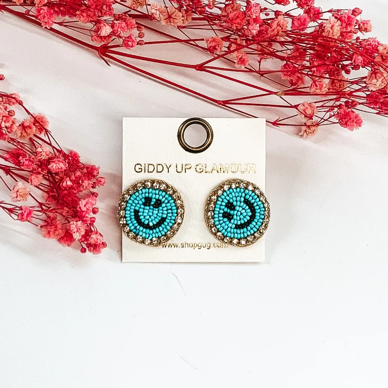 Stud Earrings with Star Motifs -Beaded Happy Face Circle Stud Earrings with Crystal Outline in Aqua