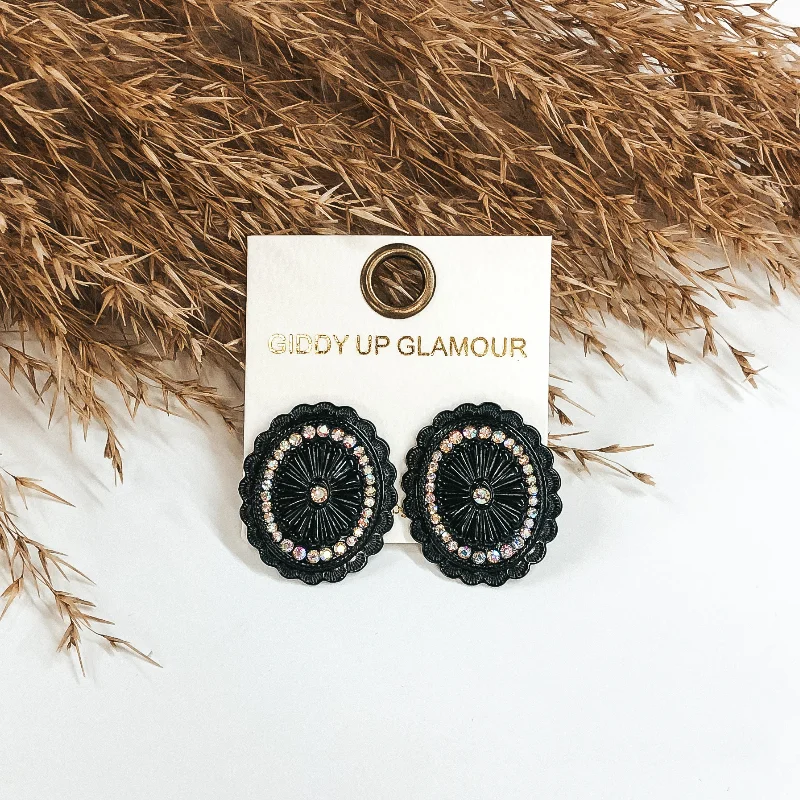 Stud Earrings with Enamel -Black Concho Stud Earrings with AB Crystals