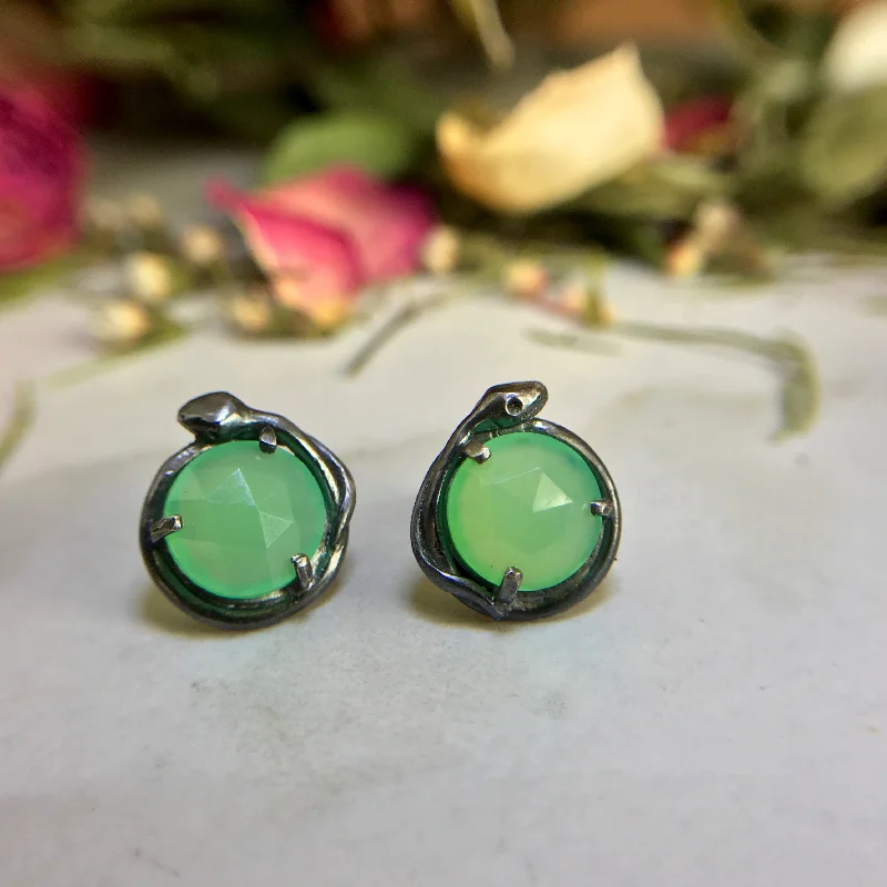 Push Back Stud Earrings for Convenience -Black Snake Stud Earrings with Rose Cut Chrysoprase