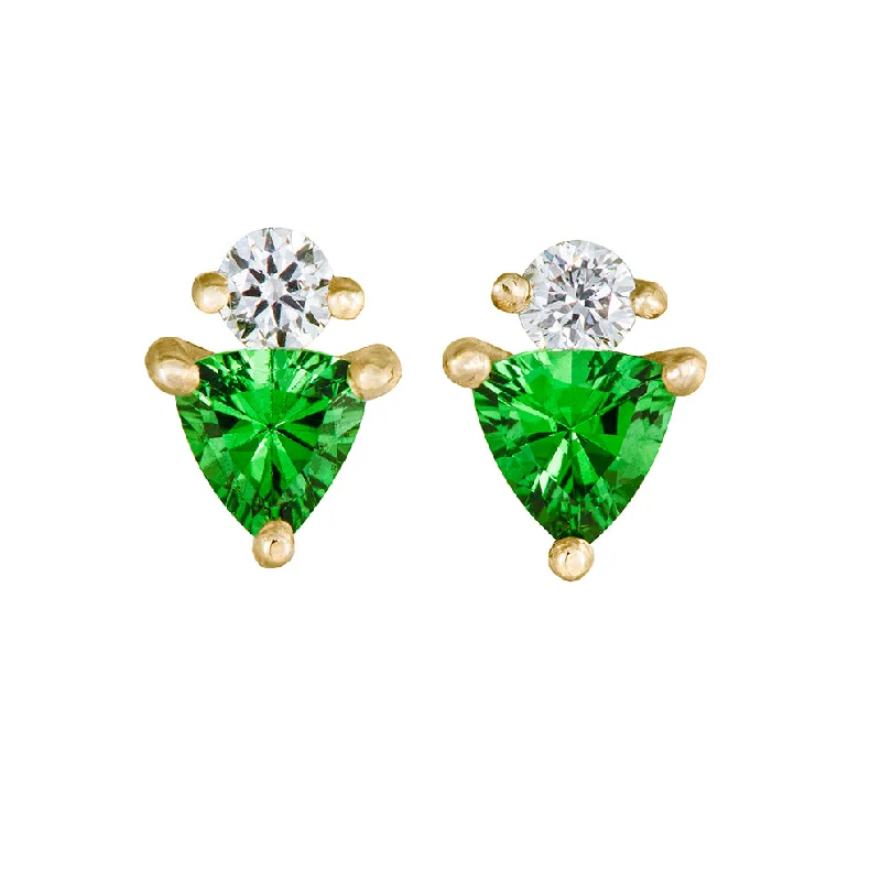 Lightweight Stud Earrings for All Day -Bright Green Tsavorite Stud Earrings with Diamonds