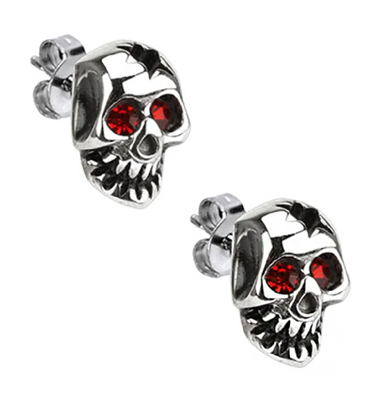 Gemstone Stud Earrings for Color -Busted Skull Red CZ Stainless Steel Stud Earrings