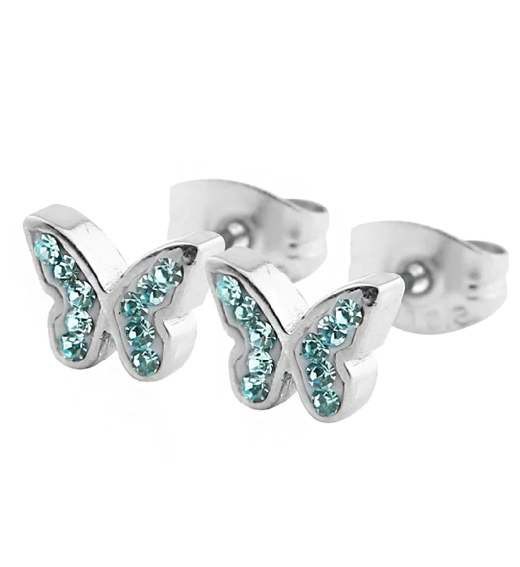 Retro Stud Earrings for Nostalgia -Butterfly Aqua CZ Stainless Steel Stud Earrings