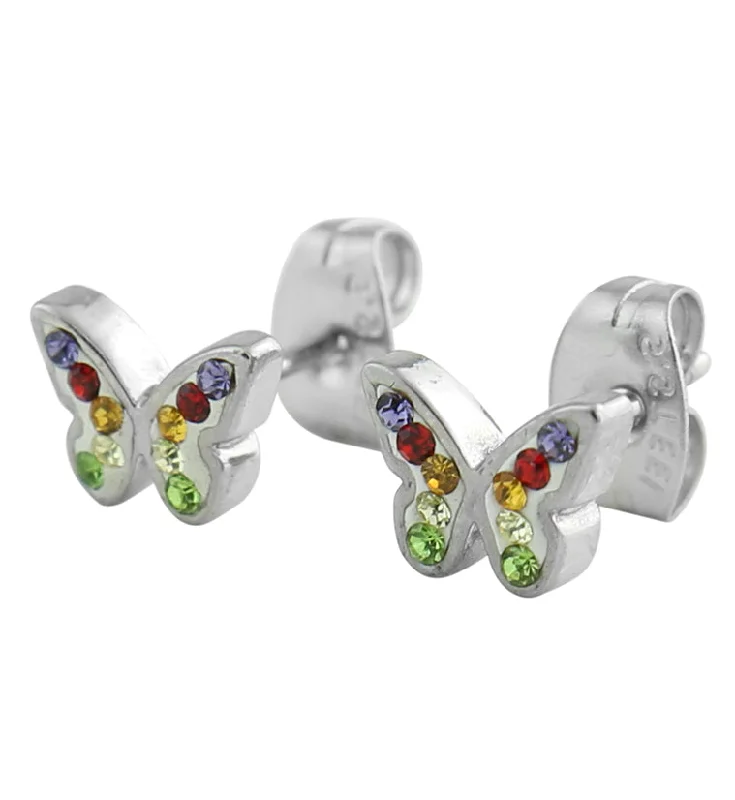 Animal Print Stud Earrings for Fun -Butterfly Rainbow CZ Stainless Steel Stud Earrings