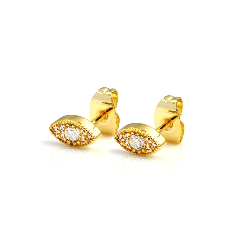 Stud Earrings with Leaf Motifs -Clear Evil Eye Stud Earrings - Yellow Gold