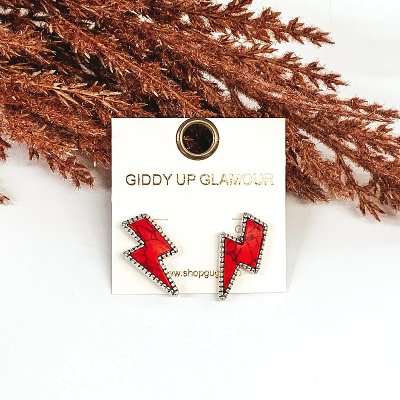 Stud Earrings for Work Attire -Lightning Bolt Stone Stud Earrings in Red