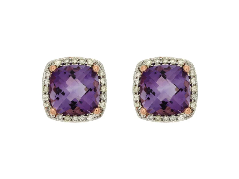 Stud Earrings for Christmas Party -Cushion Amethyst and Diamond Halo Stud Earrings