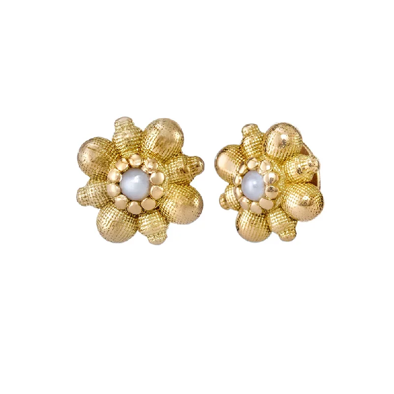 Gothic Stud Earrings with Dark Tone -Dainty Gold Flower Stud Earrings with White Seed Pearl