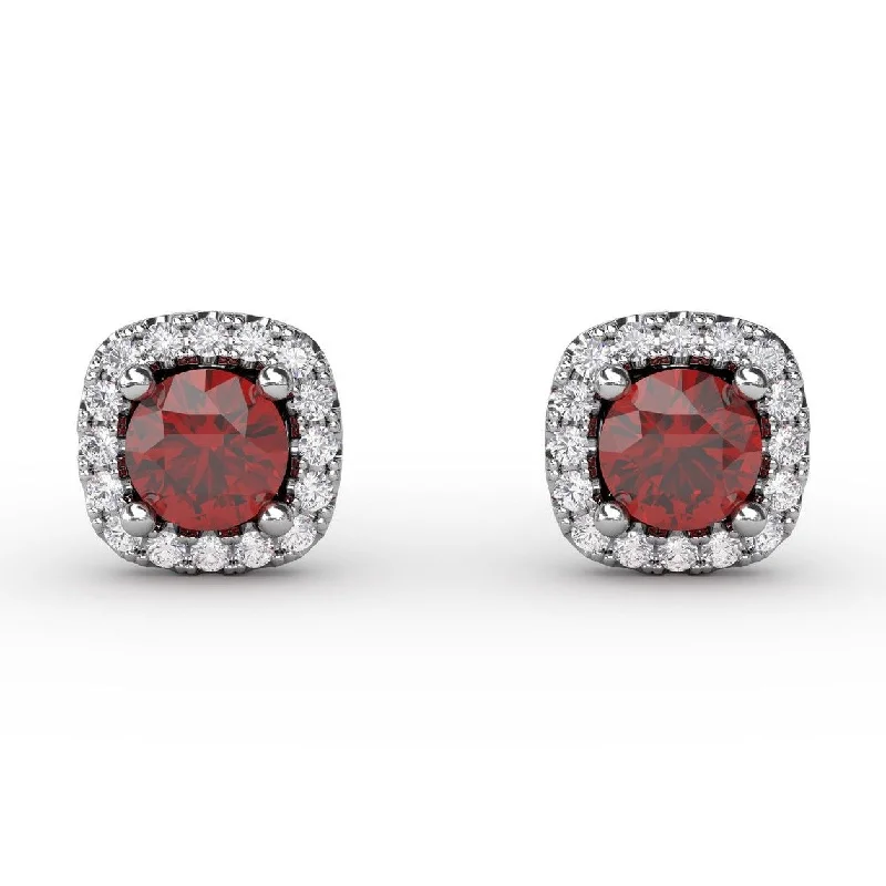 Stud Earrings with Keyhole Designs -Diamond and Ruby Halo Stud Earrings in 14K White Gold