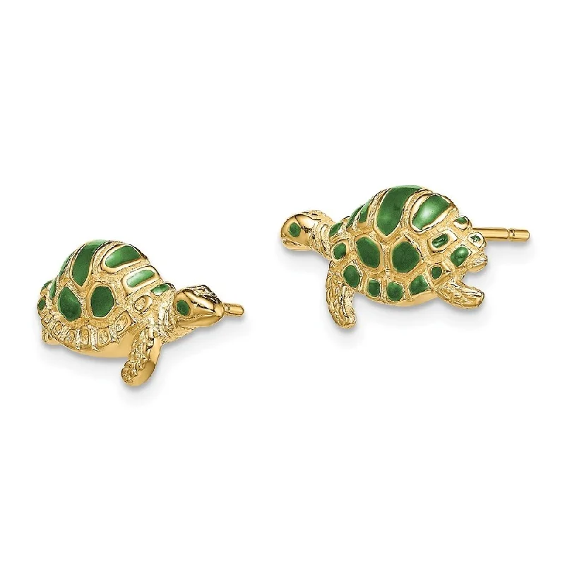 Square Stud Earrings for Modern -Diamond2Deal 14K Yellow Gold Green Enamel Turtle Stud Earrings (L- 7 mm)