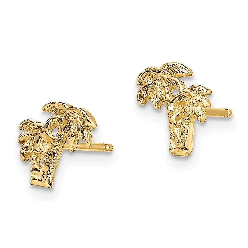 Stud Earrings with Star Motifs -Diamond2Deal 14K Yellow Gold Mini Double Palm Tree Stud Earrings (L-7.2 mm, W-6.8 mm)