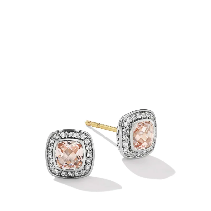 Stud Earrings for Beach Outfit -Petite Albion Stud Earrings in Sterling Silver with Morganite and Pave Diamonds