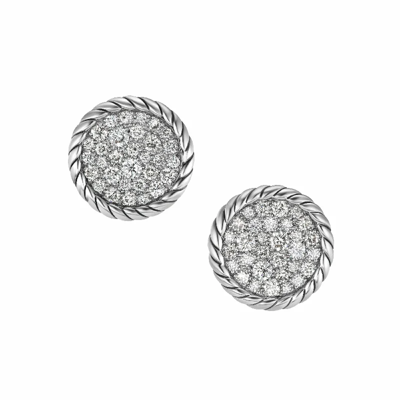 Stud Earrings with Embossed Patterns -DY Elements Button Stud Earrings in Sterling Silver with Pave Diamonds