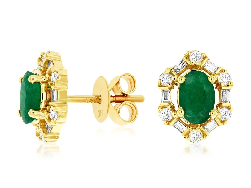 Stud Earrings for Formal Attire -Emerald and Baguette and Round Diamond Halo Stud Earrings