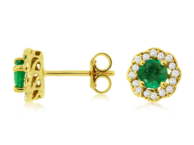 Stud Earrings for Work Attire -Emerald and Diamond Flower Design Stud Earrings