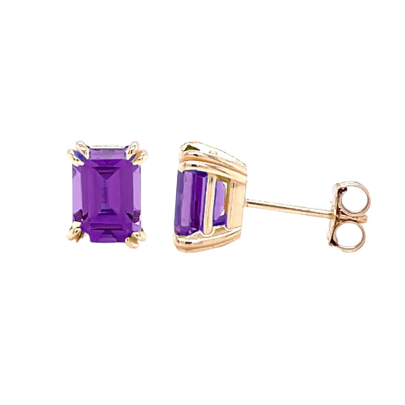 Stud Earrings with Leaf Motifs -Emerald Cut Amethyst Stud Earrings in 14K Gold | Natural Amethyst Earrings with Double Claw Prongs