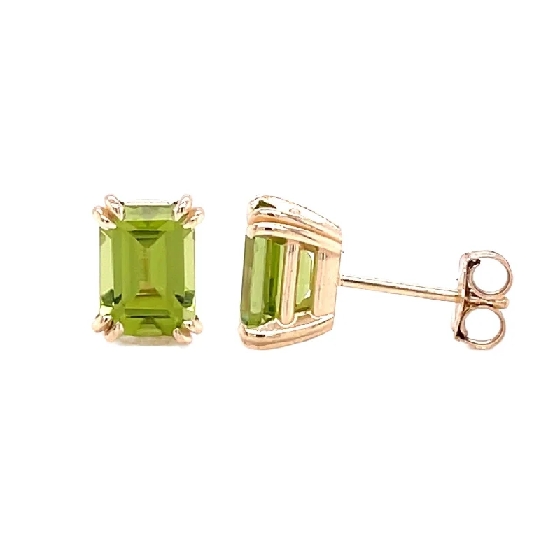 Stud Earrings with Debossed Designs -14K Gold Peridot Stud Earrings | Emerald Cut Peridot with Double Prongs | August Birthstone