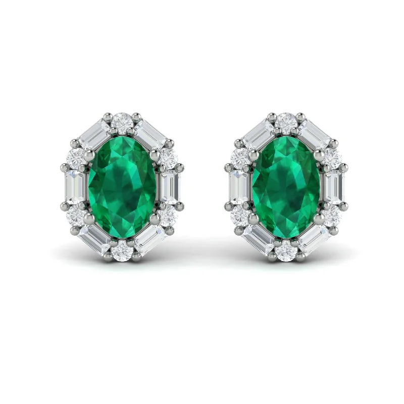 Stud Earrings for Office Wear -Emerald & Diamond Halo Stud Earrings in 14K White Gold