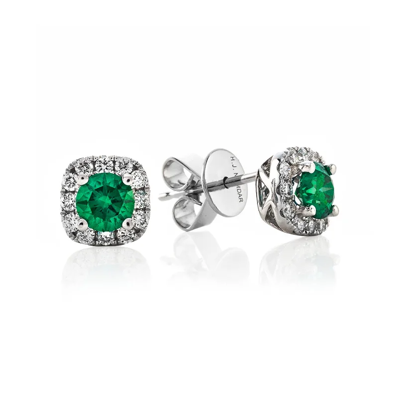 Stud Earrings for Graduation Day -Emerald & Diamond Halo Stud Earrings