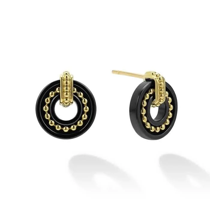 Small Stud Earrings for Delicate -Lagos 12MM Black Caviar Circle Stud Earrings in Black Ceramic, 18K Yellow Gold, and Sterling Silver