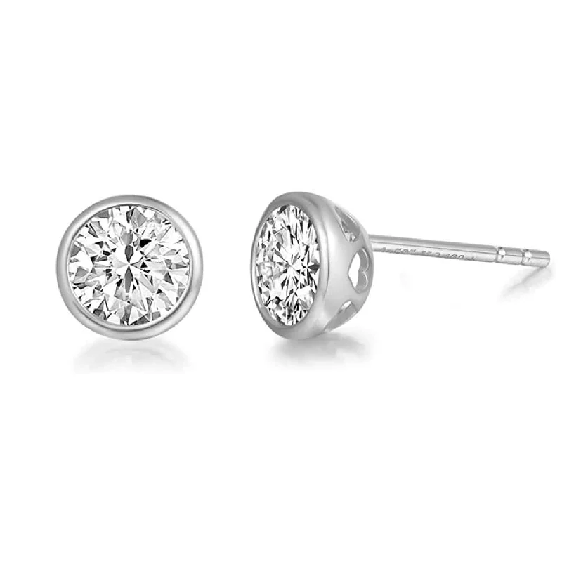 Stud Earrings for Anniversary -FANCIME 1 CTTW Moissanite Bezel 14K Solid White Gold Stud Earrings