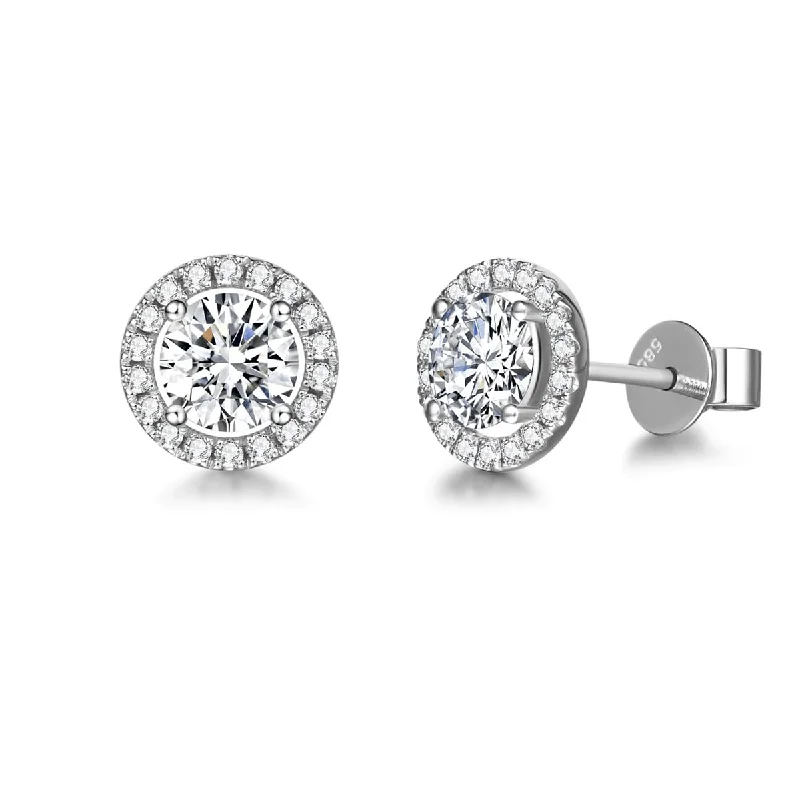 Stud Earrings for Party Look -FANCIME Halo Setting Moissanite 14K Solid White Gold Stud Earrings