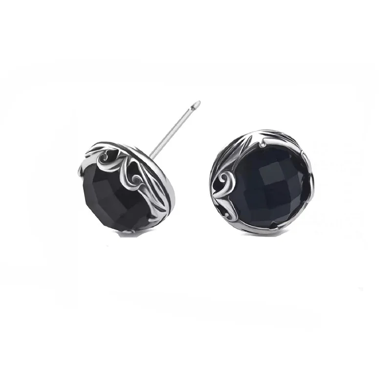 Multi Stud Earrings with Chains -FANCIME Vintage Black Agate Sterling Silver Stud Earrings