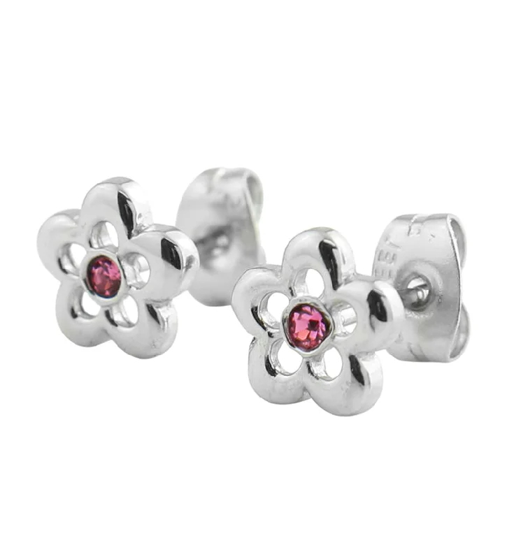 Heart Shaped Stud Earrings for Love -Flower Trace Pink CZ Stainless Steel Stud Earrings