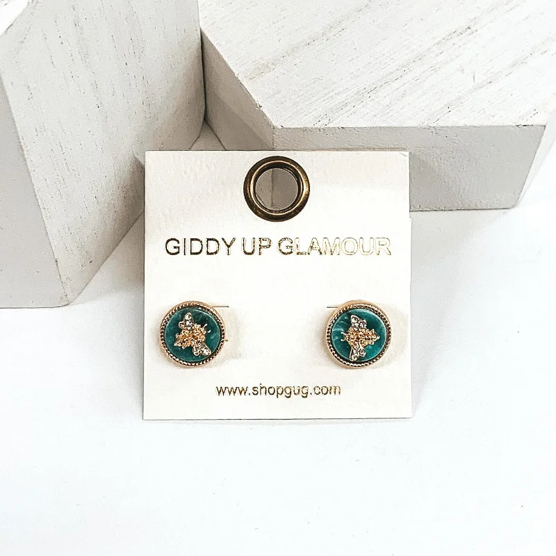 Stud Earrings for Travel Look -Gold Bumble Bee Circle Stud Earrings in Sea Green