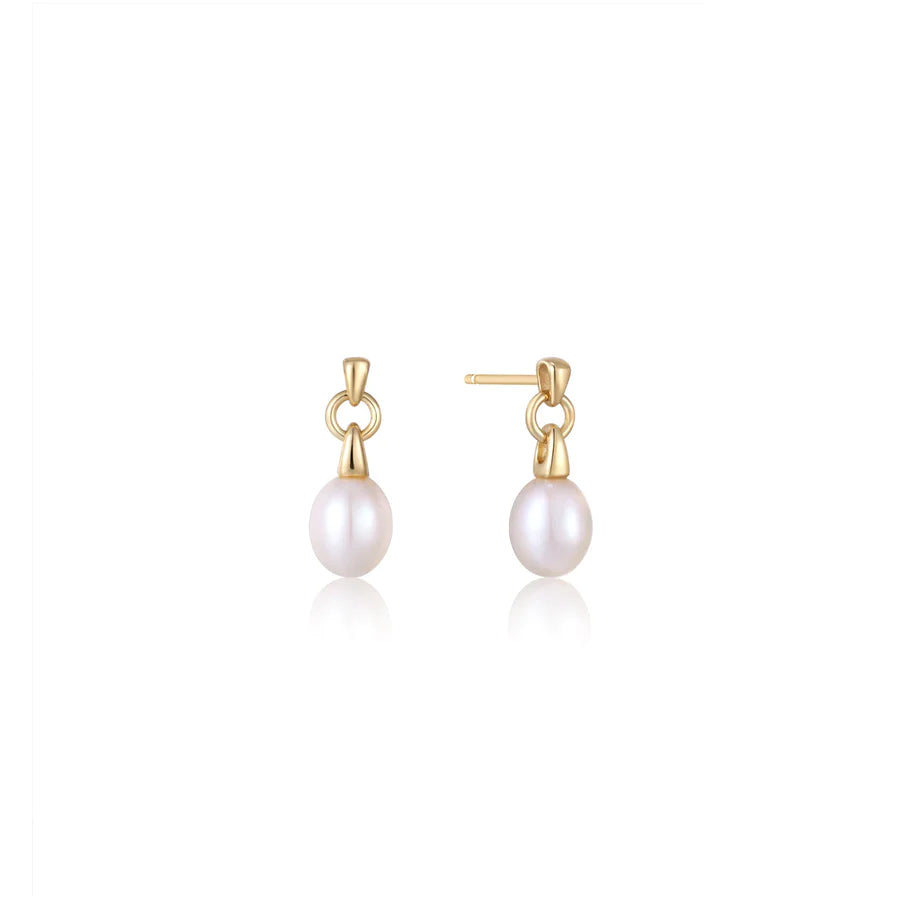 Stud Earrings with Leaf Motifs -Gold Pearl Drop Stud Earrings in Sterling Silver