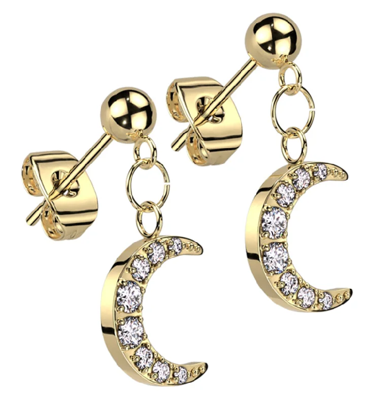 Celtic Stud Earrings with Knotwork -Gold PVD Crescent Moon CZ Dangle Stainless Steel Stud Earrings