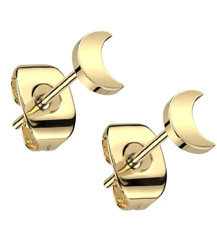 Stud Earrings for Work Attire -Gold PVD Crescent Moon Titanium Stud Earrings