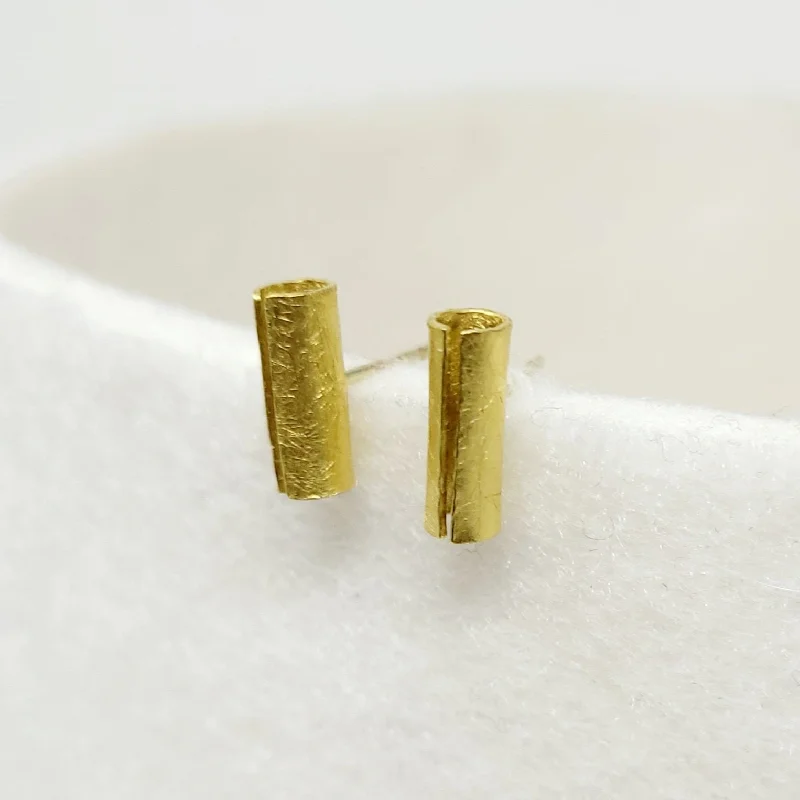 Vintage Stud Earrings with Patina -Gold Tube Stud Earrings