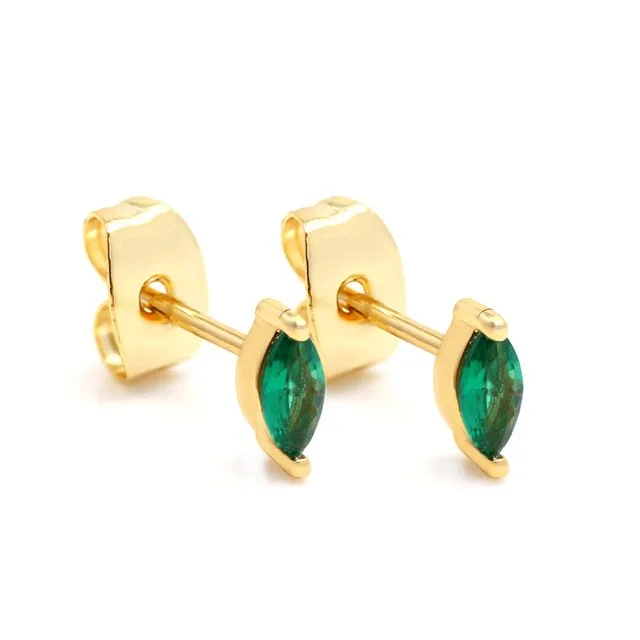 Stud Earrings for Party Look -Green CZ Marquise Stud Earrings - Yellow Gold