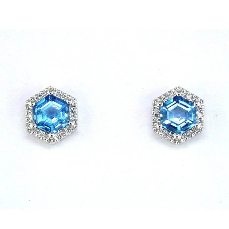 Stud Earrings with Matte Finish -Hexagon Shaped Blue Topaz and Diamond Halo Design Stud Earrings