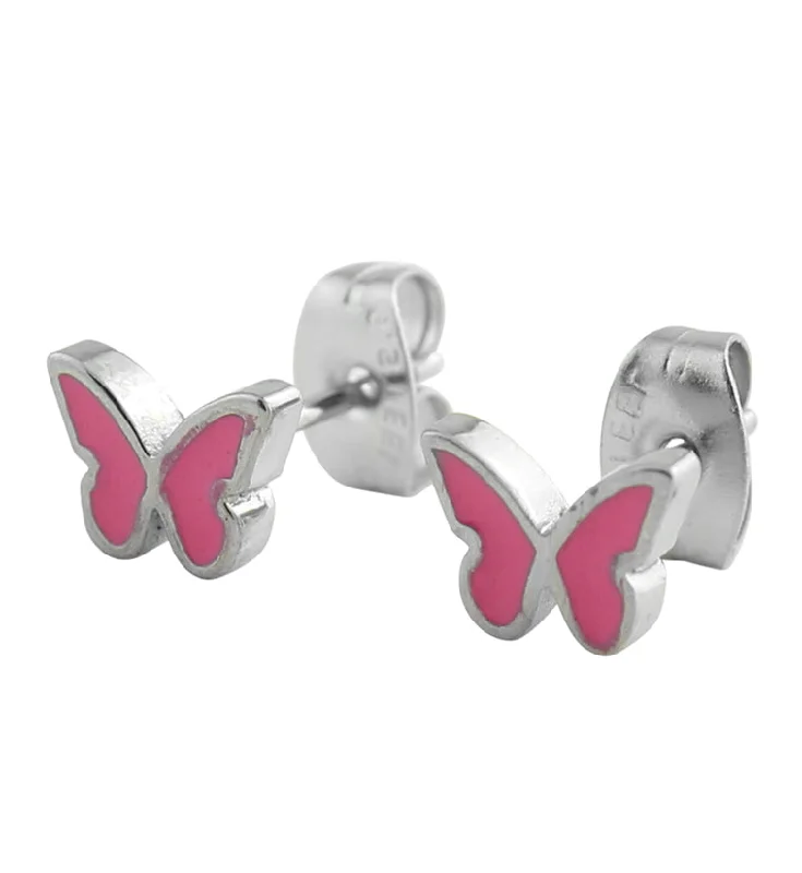 Geometric Stud Earrings for Trend -Hot Pink Butterfly Stainless Steel Stud Earrings