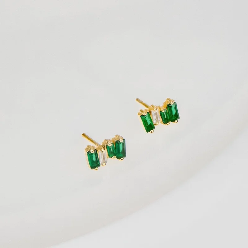 Stud Earrings for School Uniform -Jagged Baguette Emerald & Gold Stud Earrings