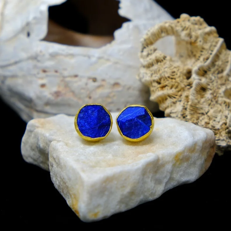 Screw Back Stud Earrings for Security -Lapis Lazuli Gold Stud Earrings