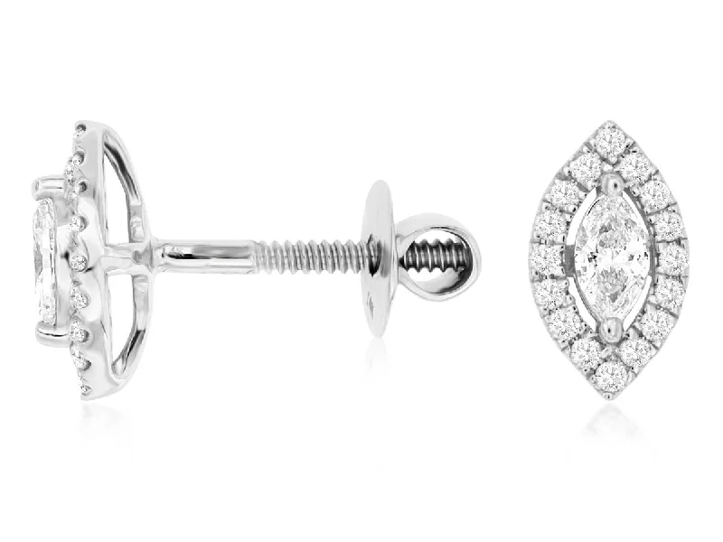 Stud Earrings with Leaf Motifs -Marquise Shaped Diamond Halo Stud Earrings