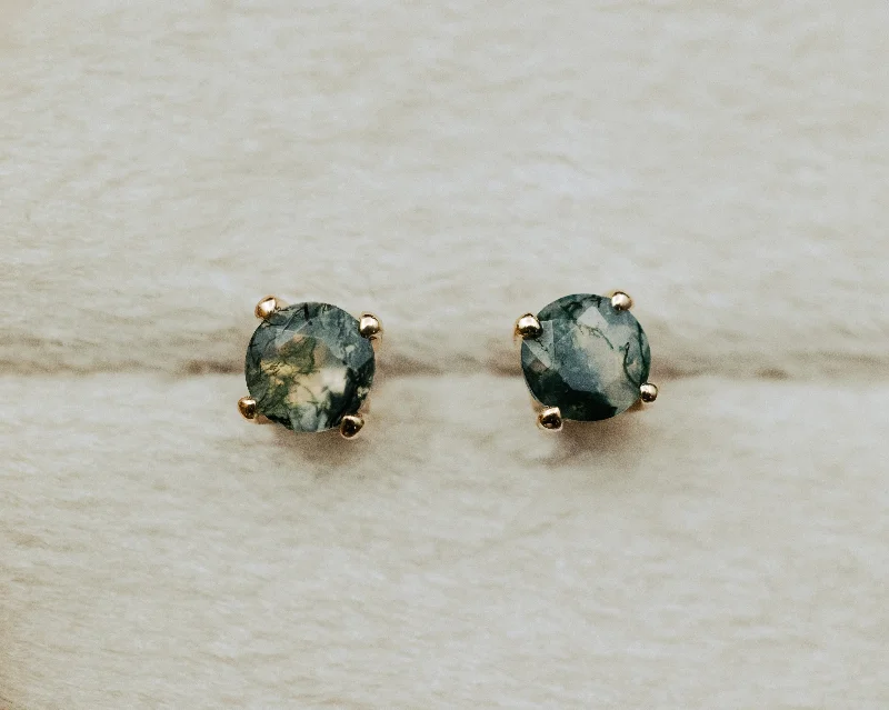 Stud Earrings for Christmas Party -ROUND MOSS AGATE STUD EARRINGS IN 14K GOLD