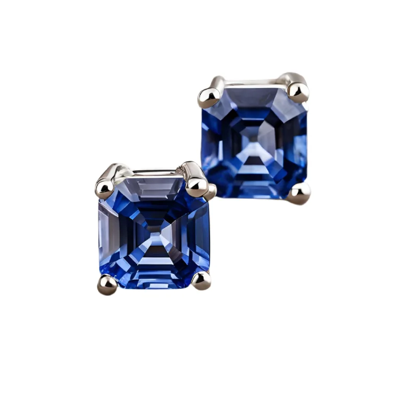 Stud Earrings with Crown Designs -2 Carat Asscher Cut Blue Sapphire Stud Earrings | Natural Ceylon Sapphire Earrings 14K Gold