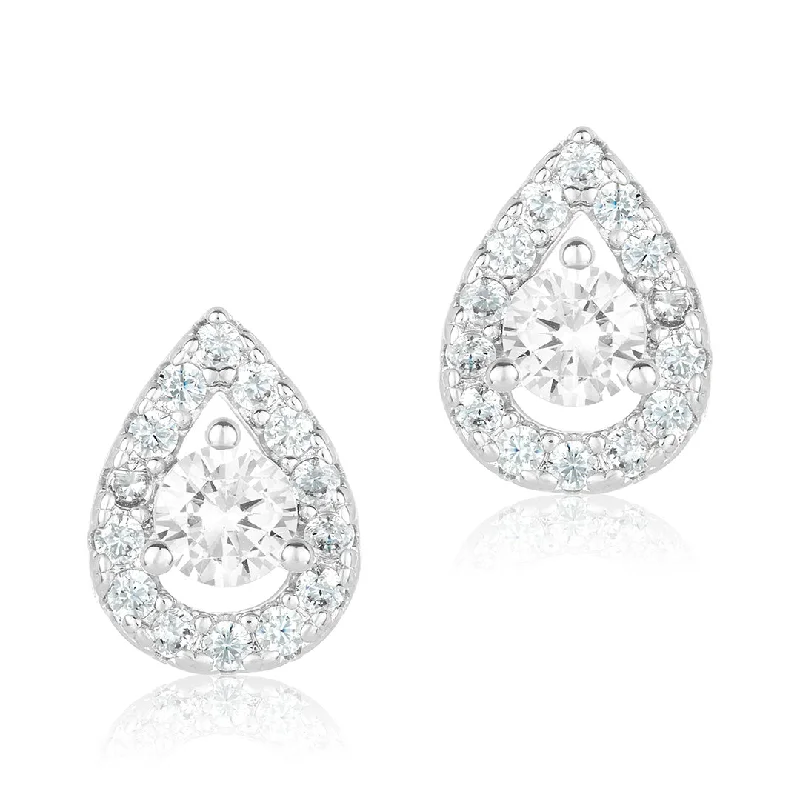 Stud Earrings with Enamel -Rhodium Plated Pear Cut Halo Crystal Stud Earrings