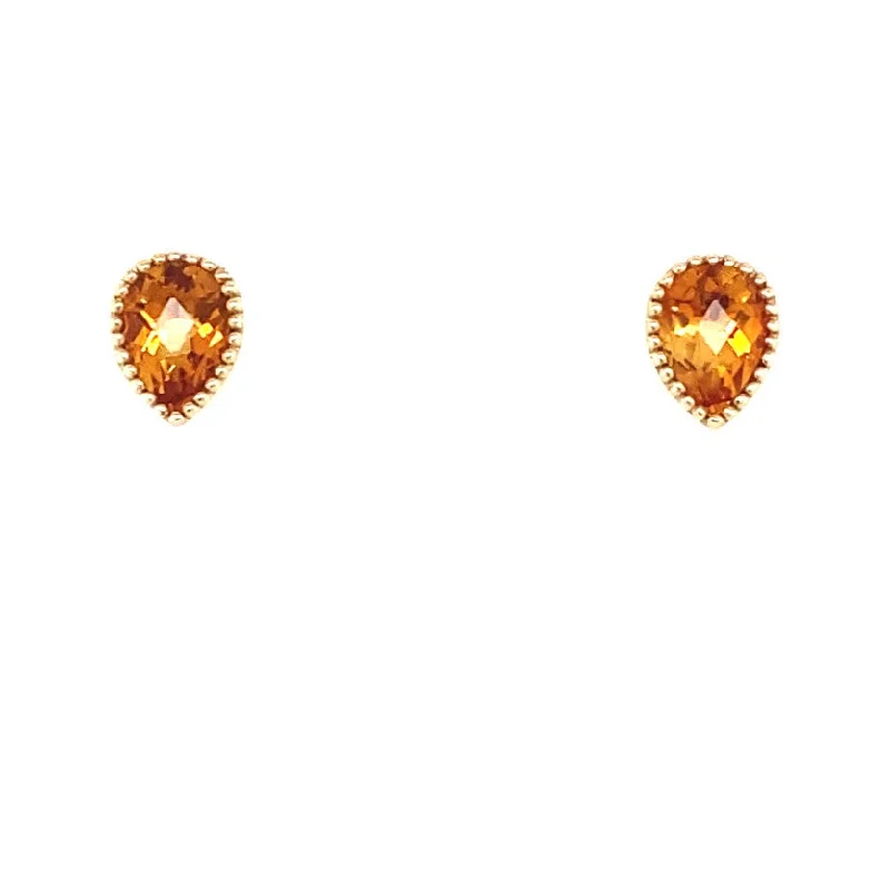 Stud Earrings for Birthday Celebration -Pear Shaped Milgrain Edge Citrine Stud Earrings