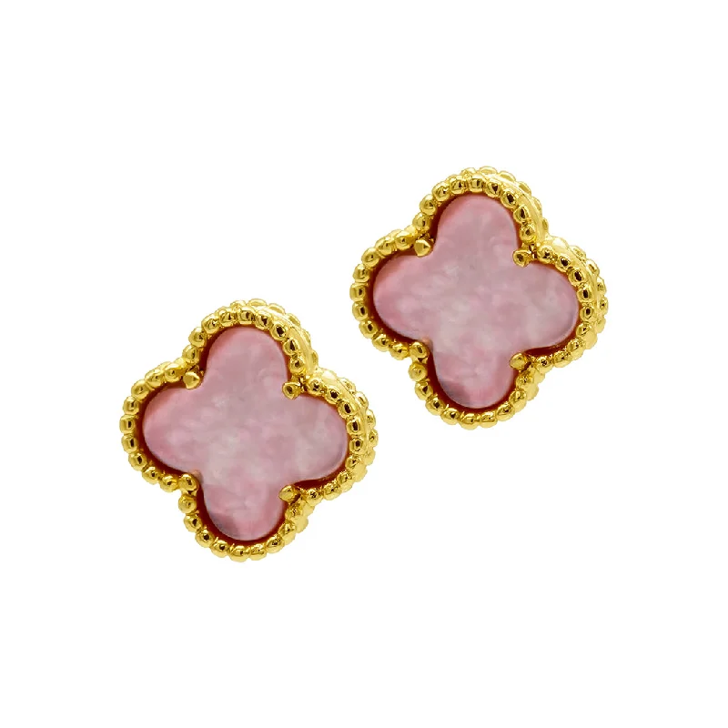 Clip On Stud Earrings for Non Pierced -14k Gold Plated Pink Mother of Pearl Flower Stud Earrings