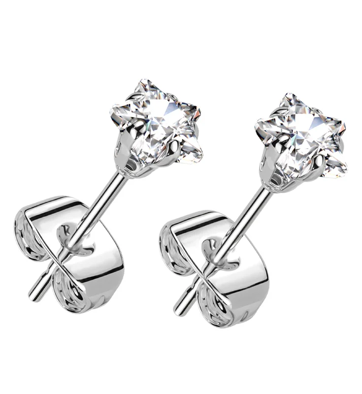 Stud Earrings with Leaf Motifs -Prong Star Clear CZ Stainless Steel Stud Earrings