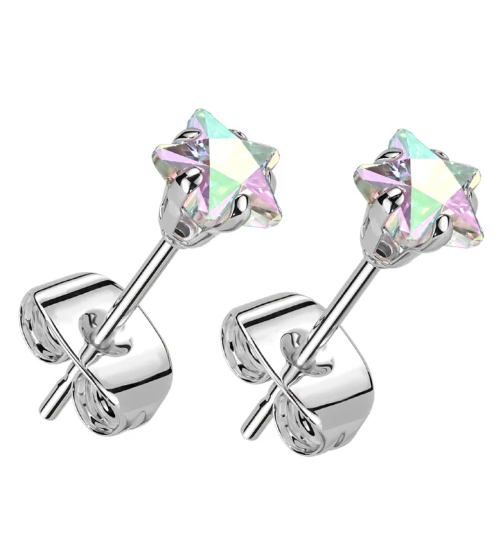 Stud Earrings with Crown Designs -Prong Star Rainbow Aurora CZ Stainless Steel Stud Earrings